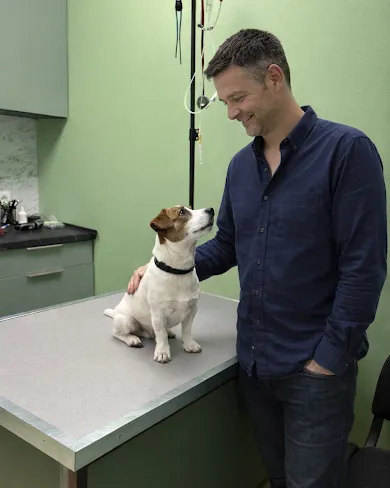 Veterinārārsts ar suni konsultācijas laikā