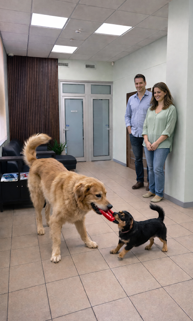 Suņi spēlējas klīnikas vestibilā